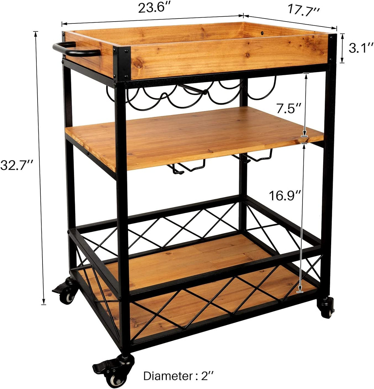 Harris Rustic Industrial Rolling Bar Cart with 3 Tier Storage Shelves