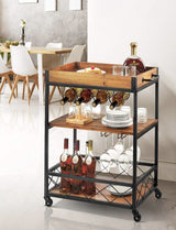 Harris Rustic Industrial Rolling Bar Cart with 3 Tier Storage Shelves