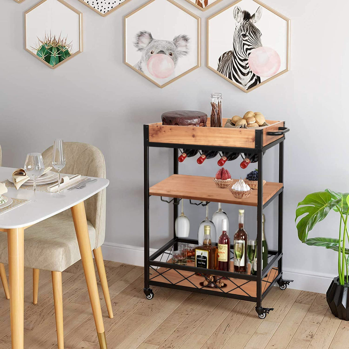 Harris Rustic Industrial Rolling Bar Cart with 3 Tier Storage Shelves